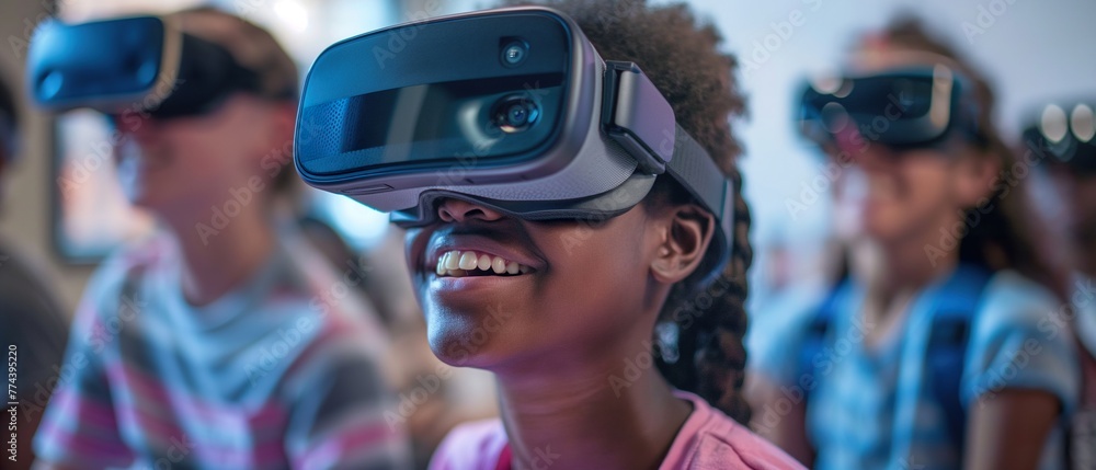 Engaged in alternate dimensions, a user explores virtual landscapes with a sleek VR headset, embodying futuristic entertainment Engaged in alternate dimensions, a user explores virtual landscapes with a sleek VR headset, embodying futuristic entertainment