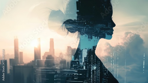 Double exposure of woman silhouette and modern city skylin. photo