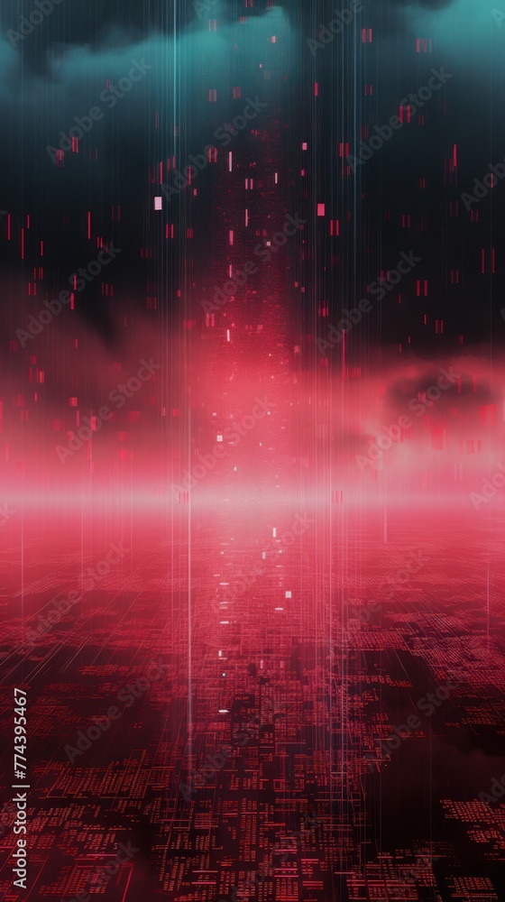 Ruby animation of glitched looping binary codes over fog-covered background pattern banner with copy space 