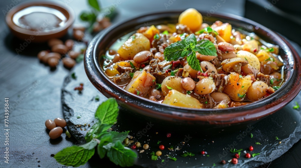Italian trippa is a traditional side dish of tripe with wild mint and pecorino cheese, served with potatoes and beans Italian trippa is a traditional side dish of tripe with wild mint and pecorino cheese, served with potatoes and beans