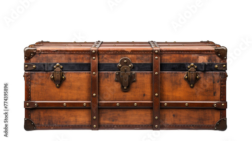 A large wooden trunk stands stoically on a white floor