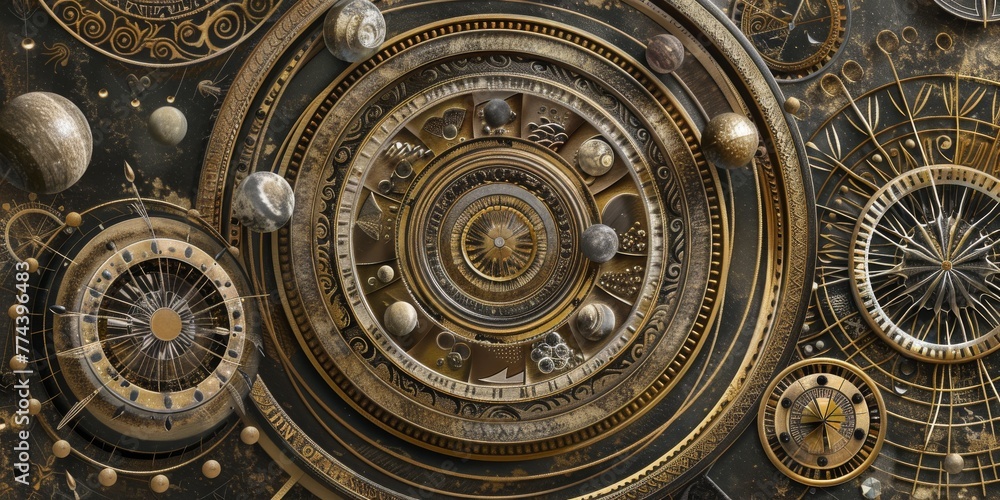 Pattern inspired by medieval astronomical armillary spheres, where concentric metallic circles represent the celestial orbits created with Generative AI Technology