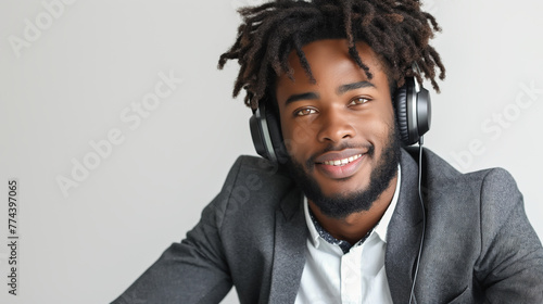 A young man with a friendly expression is wearing a headset with a microphone. He's dressed in a professional grey blazer over a white collared shirt, and his hair is styled in short dreadlocks.