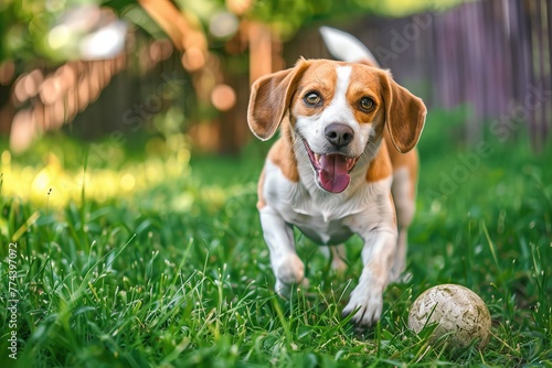 Beagle dog plays outside with ball in garden on summer day