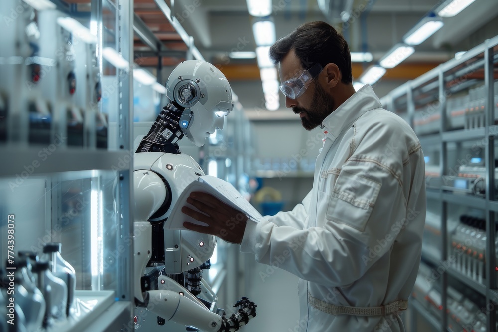 Engineer and humanoid robot collaboratively analyzing a technical blueprint in a high-tech laboratory