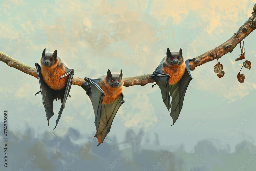 Funny bats hanging from the branch of an arabol. - obrazy, fototapety, plakaty 