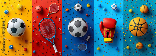 Multi-sports collage with objects from various sports, athletics, tennis, football, basketball, boxing, surfing, etc. photo