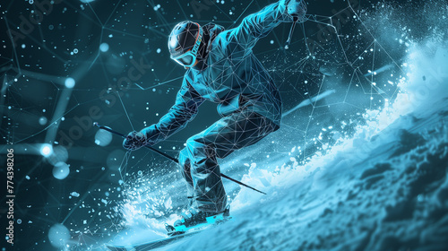 Skier In Tech wireframe, Snowy Geometric Digital outer space, Background Screensaver