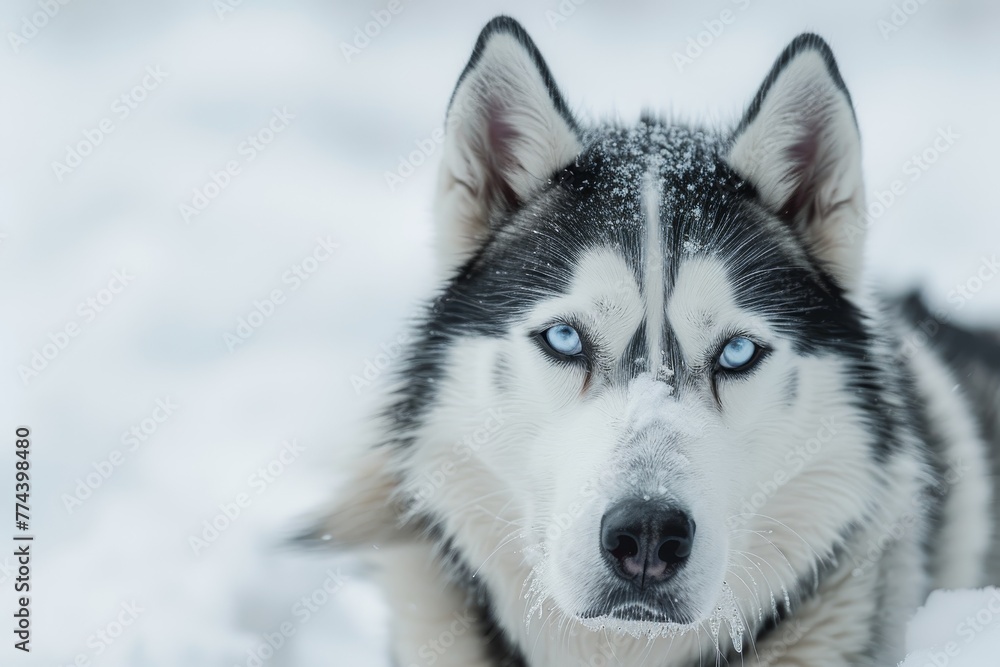 Black and white Siberian Husky with blue eyes in winter Black and white Siberian Husky with blue eyes in winter
