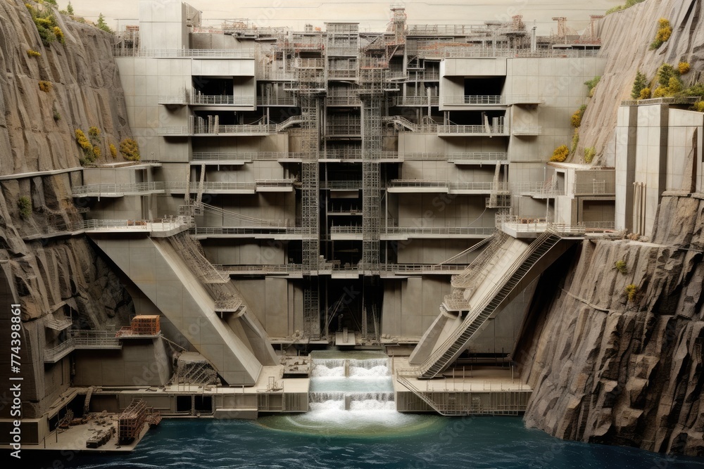Huge dam under construction, top overlooking the huge dam under construction, Ai generated Huge dam under construction, top overlooking the huge dam under construction, Ai generated