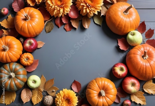 Frame of pumpkins  leaves  apples  thanksgiving day background. Place for text  template  copy space.