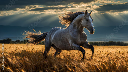 Majestic horse running through golden wheat field at sunset, animals.