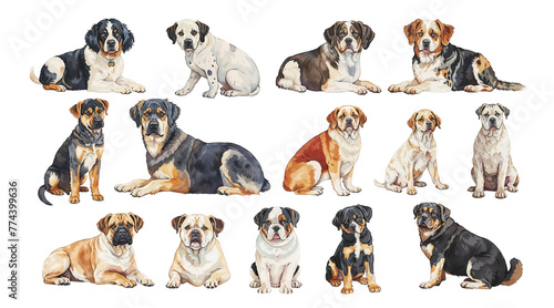 A diverse group of dogs peacefully sits together in unity on a transparent background