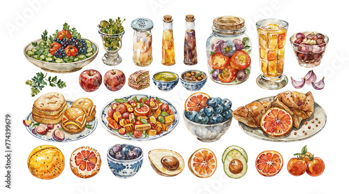 A colorful and diverse array of food items depicted in a lively and artistic style, ranging from fruits and vegetables to pastries and snacks