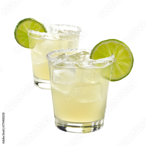 2 margaritas on glass with lime slice decoration cutout clipping path png isolated on white or transparent background
