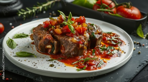 Ossobuco in Italian - veal knuckle, coarsely chopped vegetables, tomato sauce, spices.