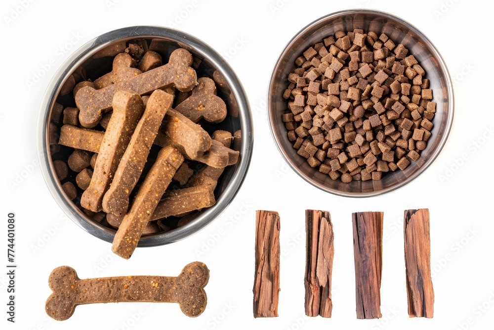 Brown biscuit bones and organic kibble in metal bowl on white background Healthy pet food Brown biscuit bones and organic kibble in metal bowl on white background Healthy pet food