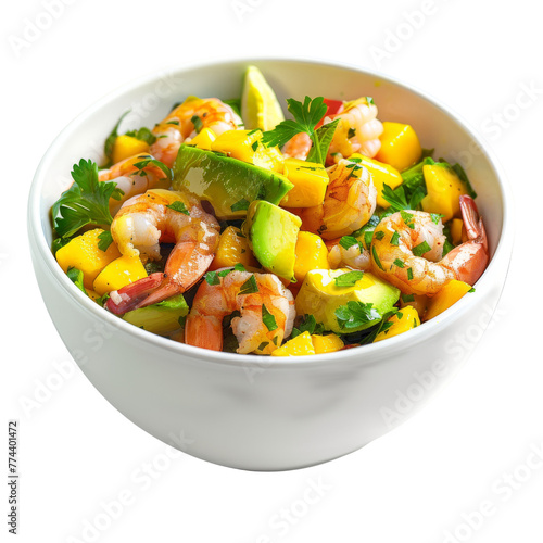 Fresh shrimp salad with avocado, mango, and citrus vinaigrette in a white bowl.