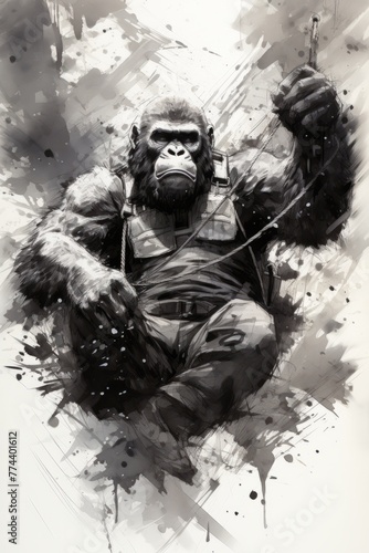 A black and white painting depicting a powerful gorilla in action, showcasing its strength and presence. The gorilla is shown in a dynamic pose, emphasizing its muscular build and intense expression