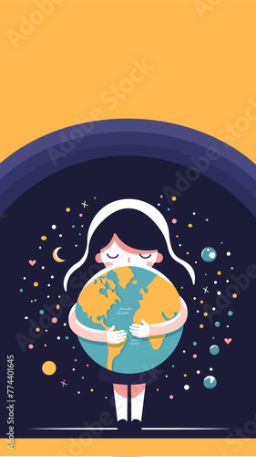 Caring girl gently hugging the the planet earth. Earth day. Vector illustration