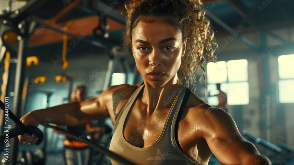 A portrait of a beautiful girl who is breaking a sweat at the gym.