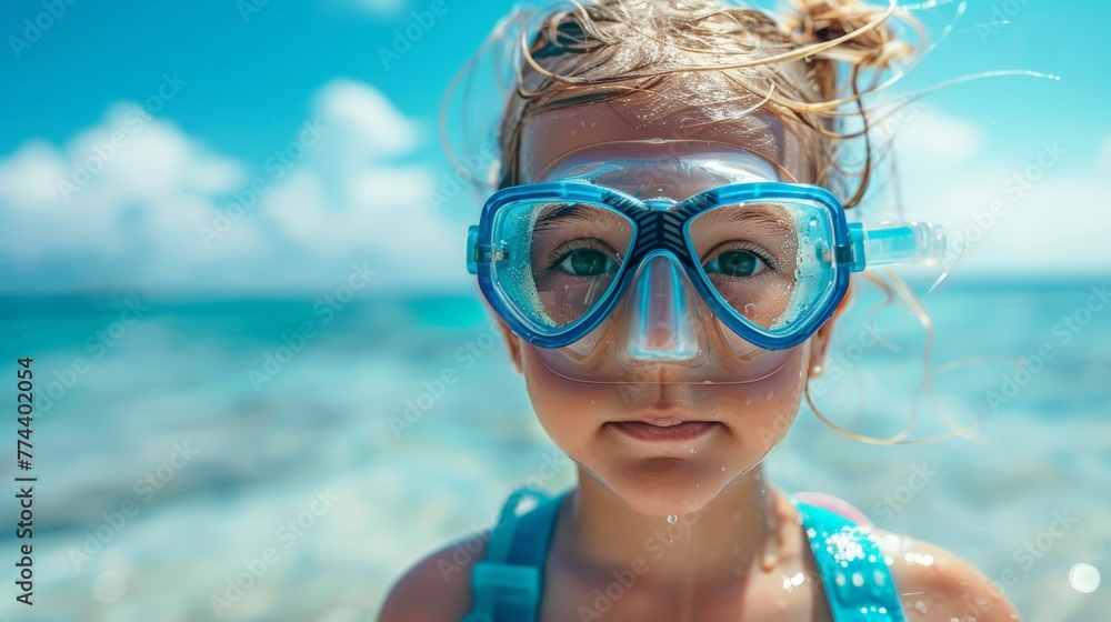 Joyful Little Girl in Mask and Snorkel Exploring the Ocean at the Beach Generative AI