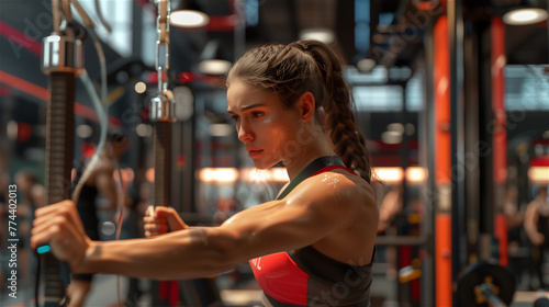 Obraz na płótnie A portrait of a beautiful girl who is breaking a sweat at the gym. w salonie