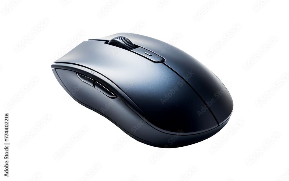 A sleek black computer mouse contrasts against a crisp white background A sleek black computer mouse contrasts against a crisp white background