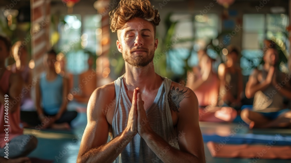 Man Practicing Yoga in Group Class Generative AI