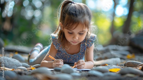 Charming Young Girl Coloring a Rock Outdoors on Vacation Generative AI