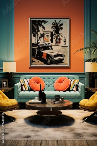 A living room filled with furniture features a mix of Art Deco and vintage styles. The main focal point is a painting hanging on the wall, creating a unique and stylish atmosphere