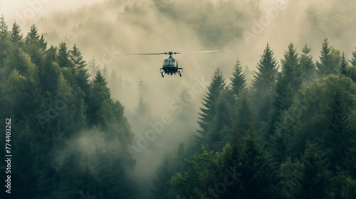 A helicopter is flying through a foggy forest