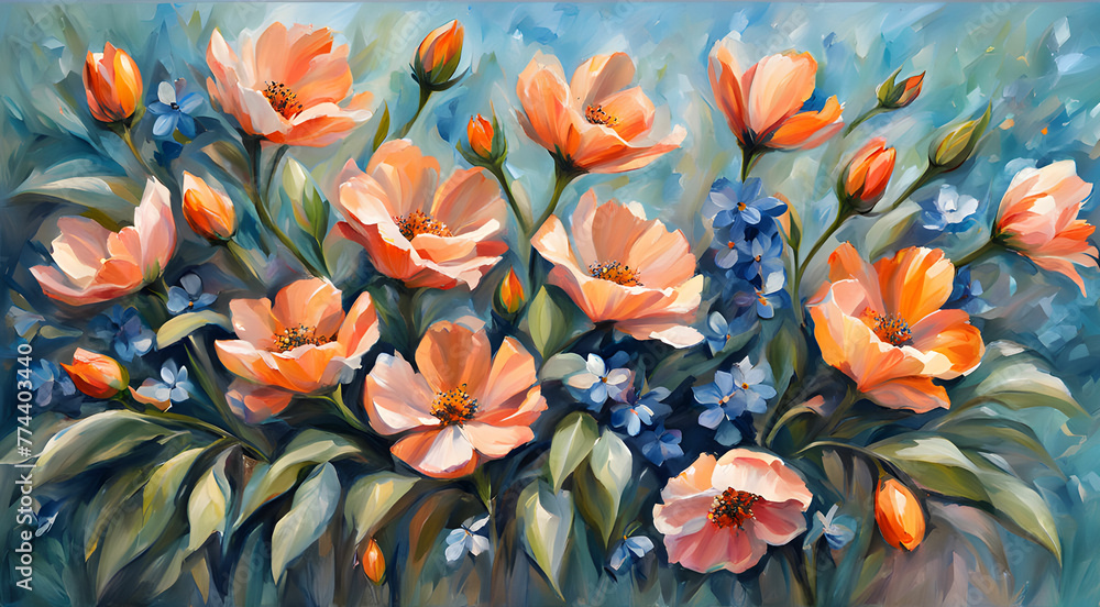 spring flowers painted with oil paints in peach tones and bright butterfly spring flowers painted with oil paints in peach tones and bright butterfly