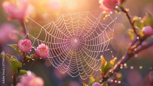 Glistening Morning Dew on Spider Web, generative ai