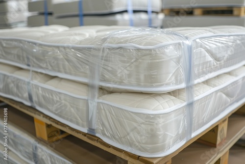 Brand new spring mattresses rolled and packed from top view photo
