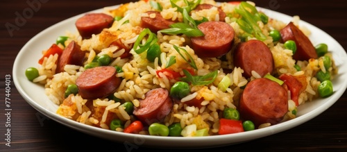 Plateful of cooked white rice served with slices of sausage and green peas, creating a hearty and delicious meal