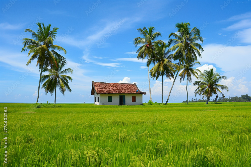 A hut with a thatched roof and two palm trees A hut with a thatched roof and two palm trees