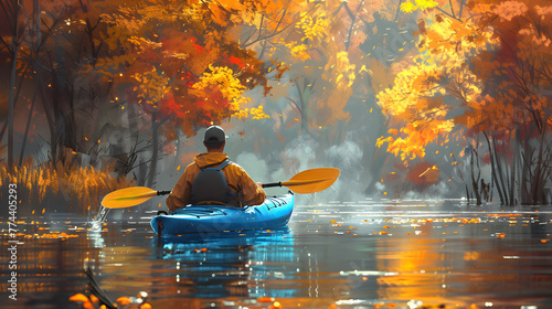 Man paddles orange kayak on river in autumn, surrounded by natural landscape
