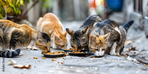 Stray Cats Feeding on a Sunlit Dirty Street. Concept Animal Rescue, Community Support, Stray Animals, Urban Environment, Compassion