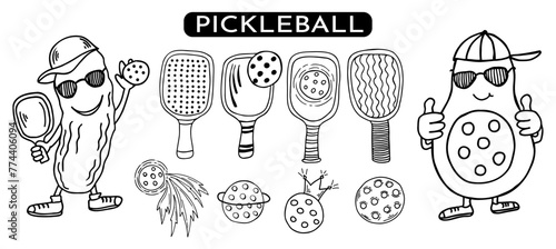 Pickleball paddles, balls, avocado and pickle characters set. Hand drawn black outline vector illustration.