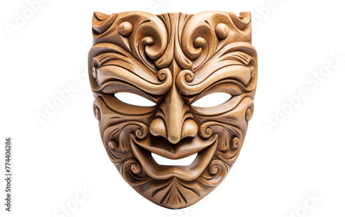 A mask carved from wood with a detailed face, showcasing intricate craftsmanship
