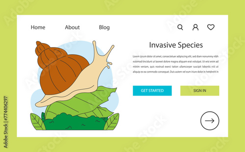 Invasive species threat web banner or landing page. Snail as nonnative