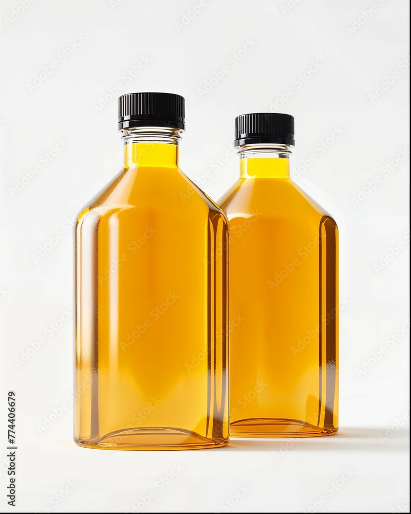 Two clear glass bottles with amber liquid and black caps. Two clear glass bottles with amber liquid and black caps.