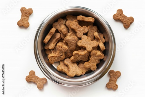 Brown biscuits and crunchy kibble in metal bowl for dogs Pet food concept