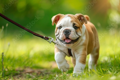 Bulldog puppy outside on leash