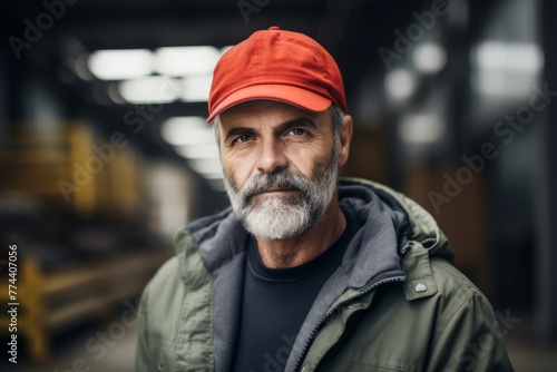 Portrait of a senior warehouse worker wearing a cap and jacket.