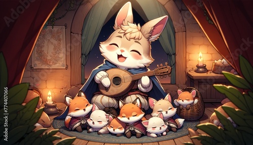 Anthropomorphic Fox Playing Guitar Surrounded by Young Foxes