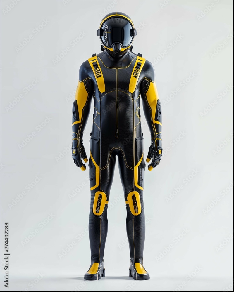 Yellow and black scuba diving suit, sleek design, protective gear. Yellow and black scuba diving suit, sleek design, protective gear.