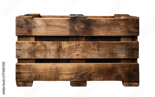 A weathered wooden crate sits stoically on a pristine white background