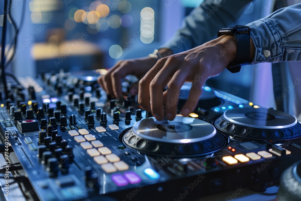 Naklejka premium A man is playing a DJ set with a blue and silver console